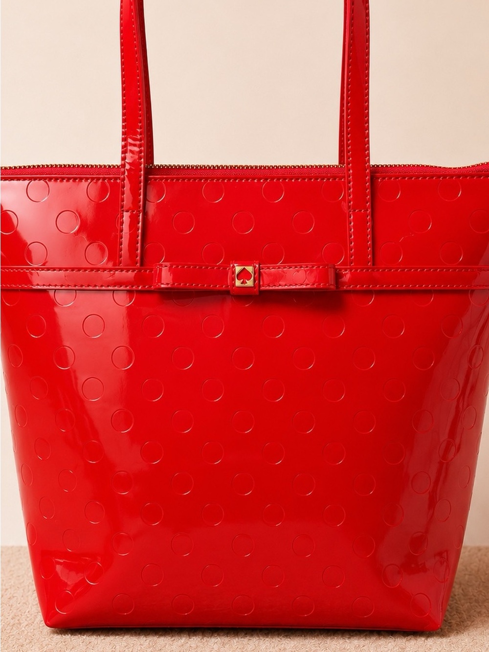 KATE SPADE ♠️ Red Patent Dot-Embossed Tote with Bow Accent - Picture 10 of 11